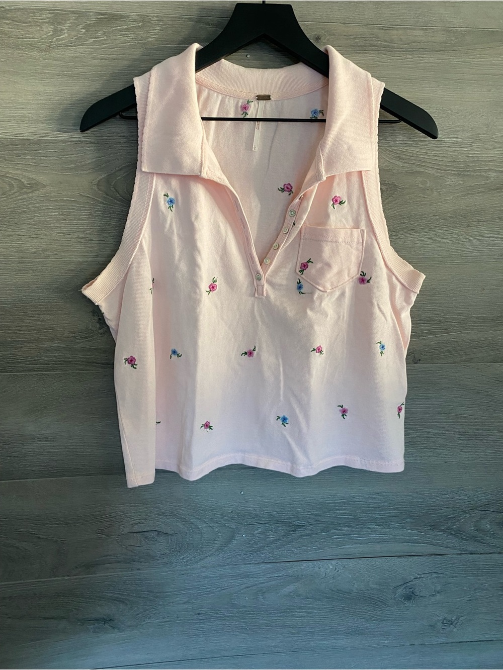 Free People Floral Embroidered Polo Tank